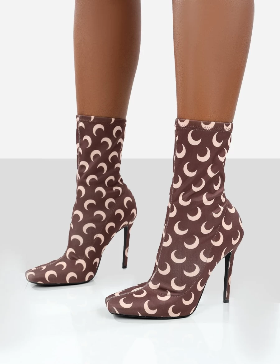 Public Desire Women's Brown Saturn Return Pointed Toe Stiletto Printed Sock Boots