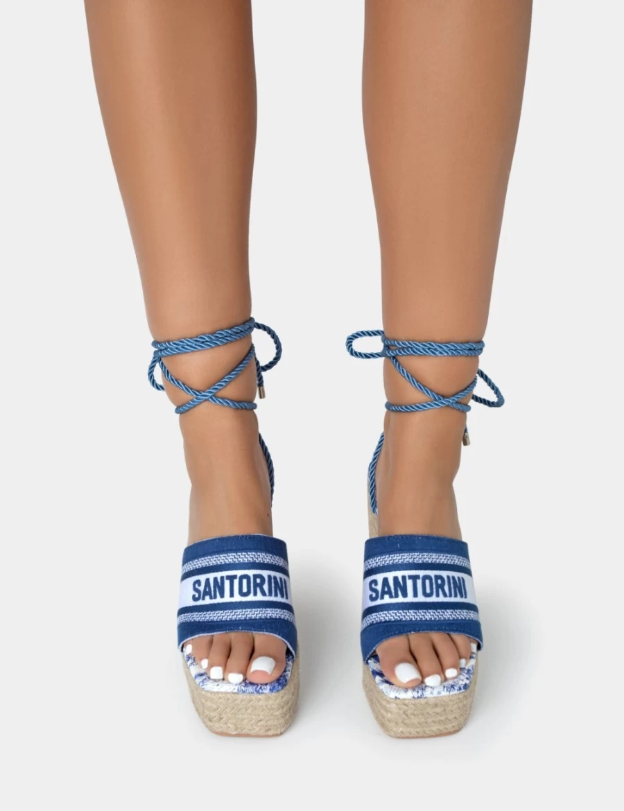 Public Desire Women's Navy Embroidered Santorini Lace-Up Wedge Heels with Raffia Square Toe