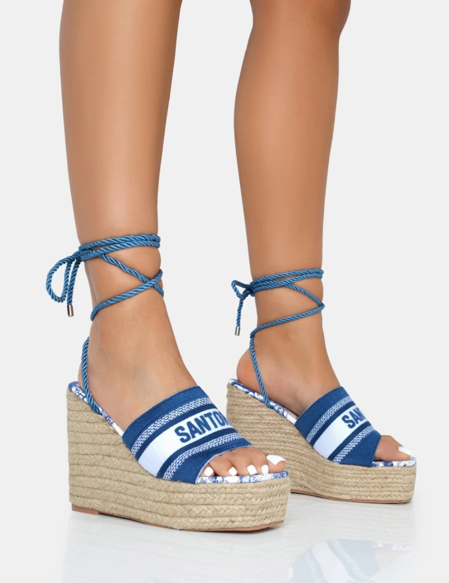 Public Desire Women's Navy Embroidered Santorini Lace-Up Wedge Heels with Raffia Square Toe
