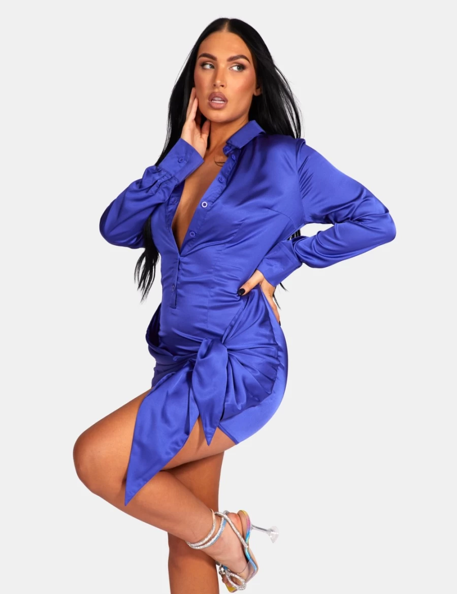 Public Desire Women's Purple Satin Shirt Dress with Tie Waist