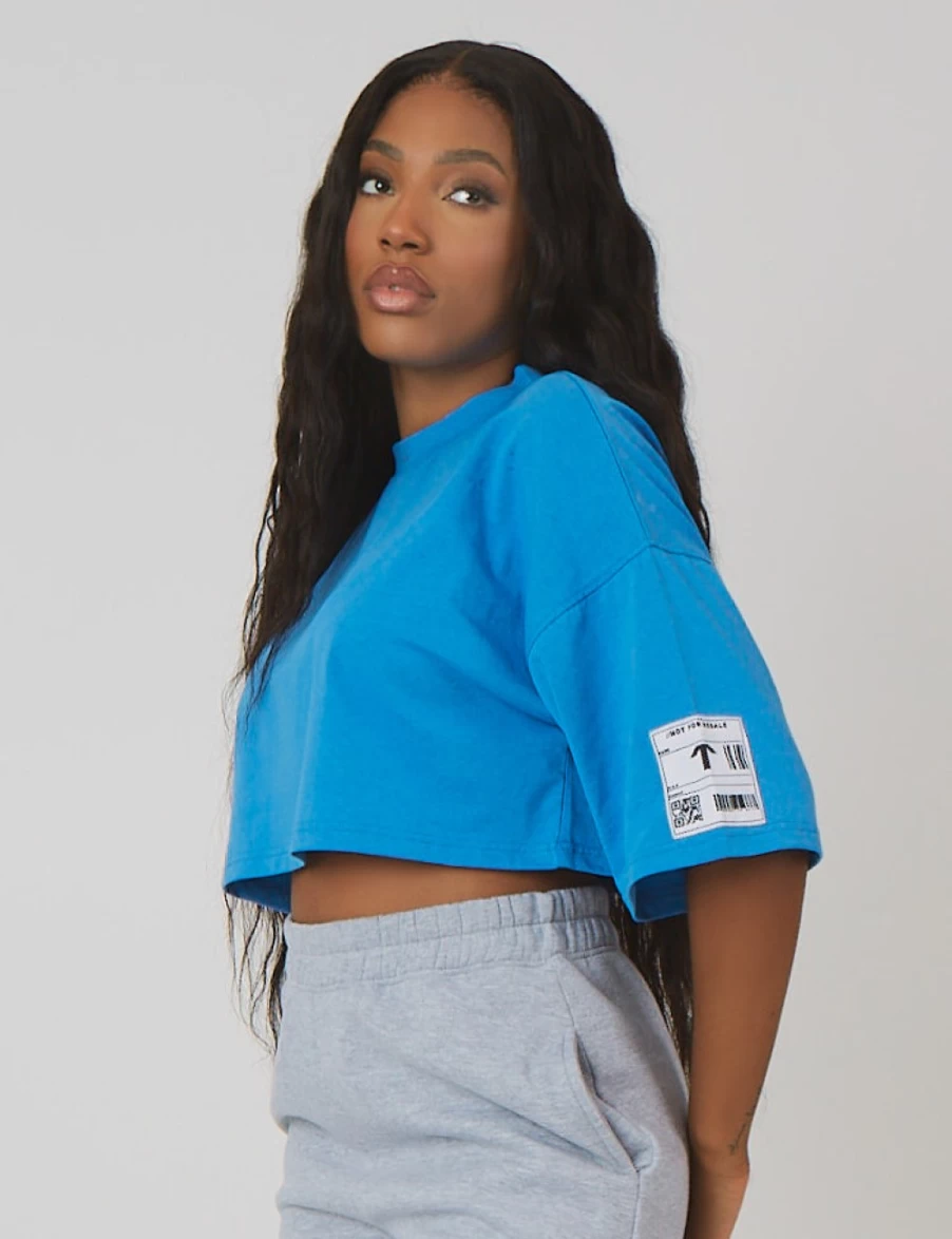 "Public Desire Women's Blue Oversized Boxy Cropped Patch Graphic T-Shirt"