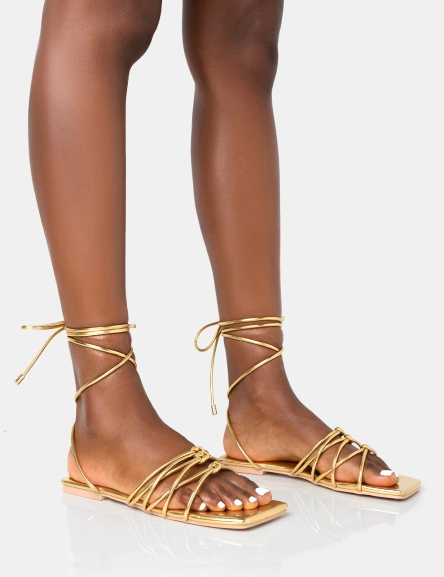 Public Desire Women's Gold Kelly Pu Lace Up Flat Sandals with Square Toe