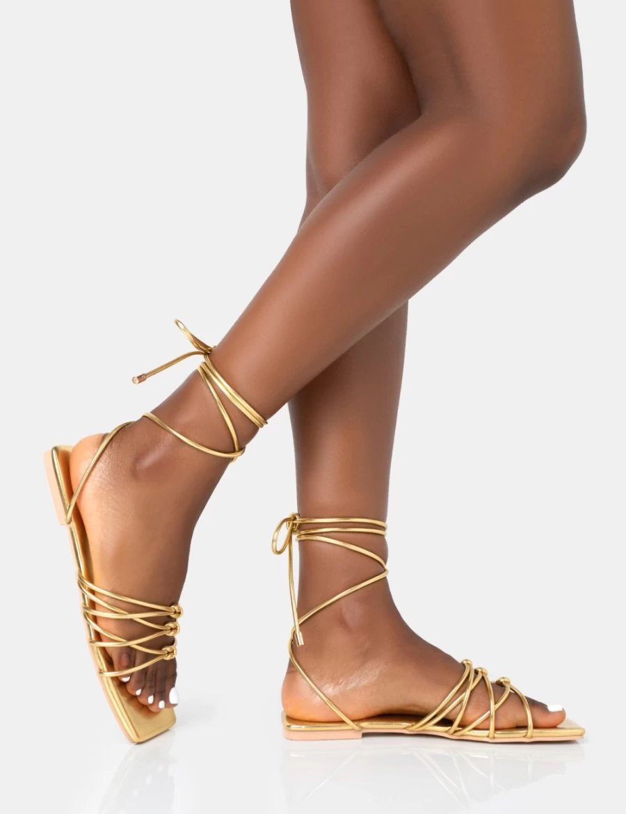Public Desire Women's Gold Kelly Pu Lace Up Flat Sandals with Square Toe