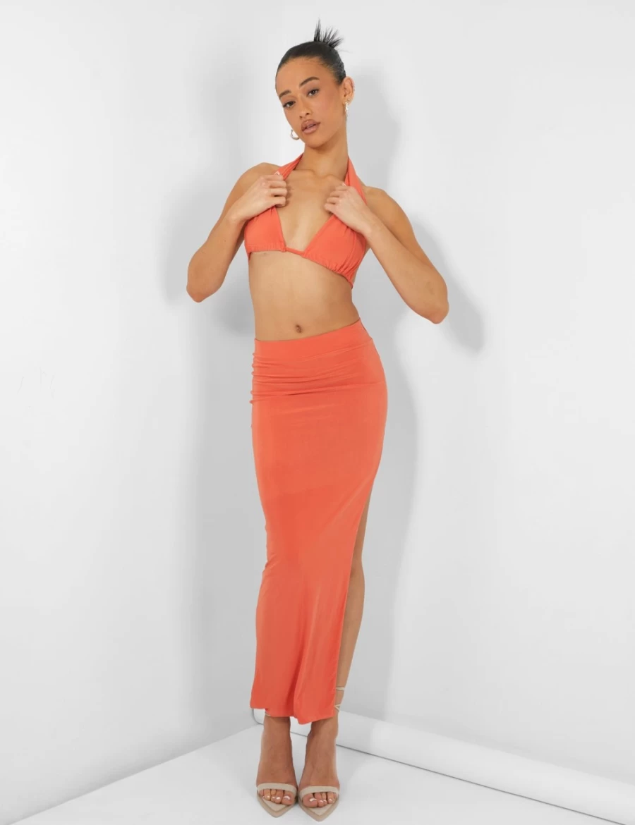 Public Desire Orange Slinky Midaxi Skirt for Women - Stretch Fit Party Wear