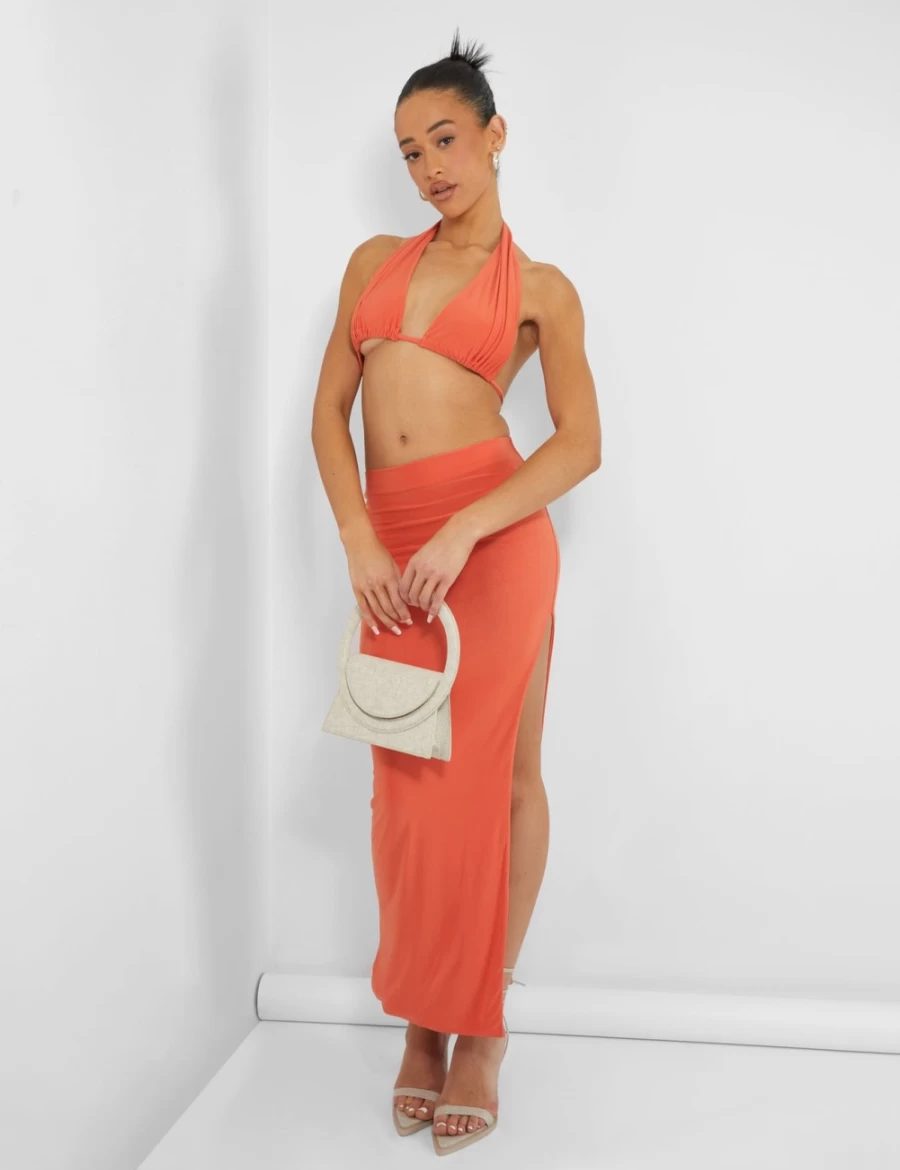 Public Desire Orange Slinky Midaxi Skirt for Women - Stretch Fit Party Wear