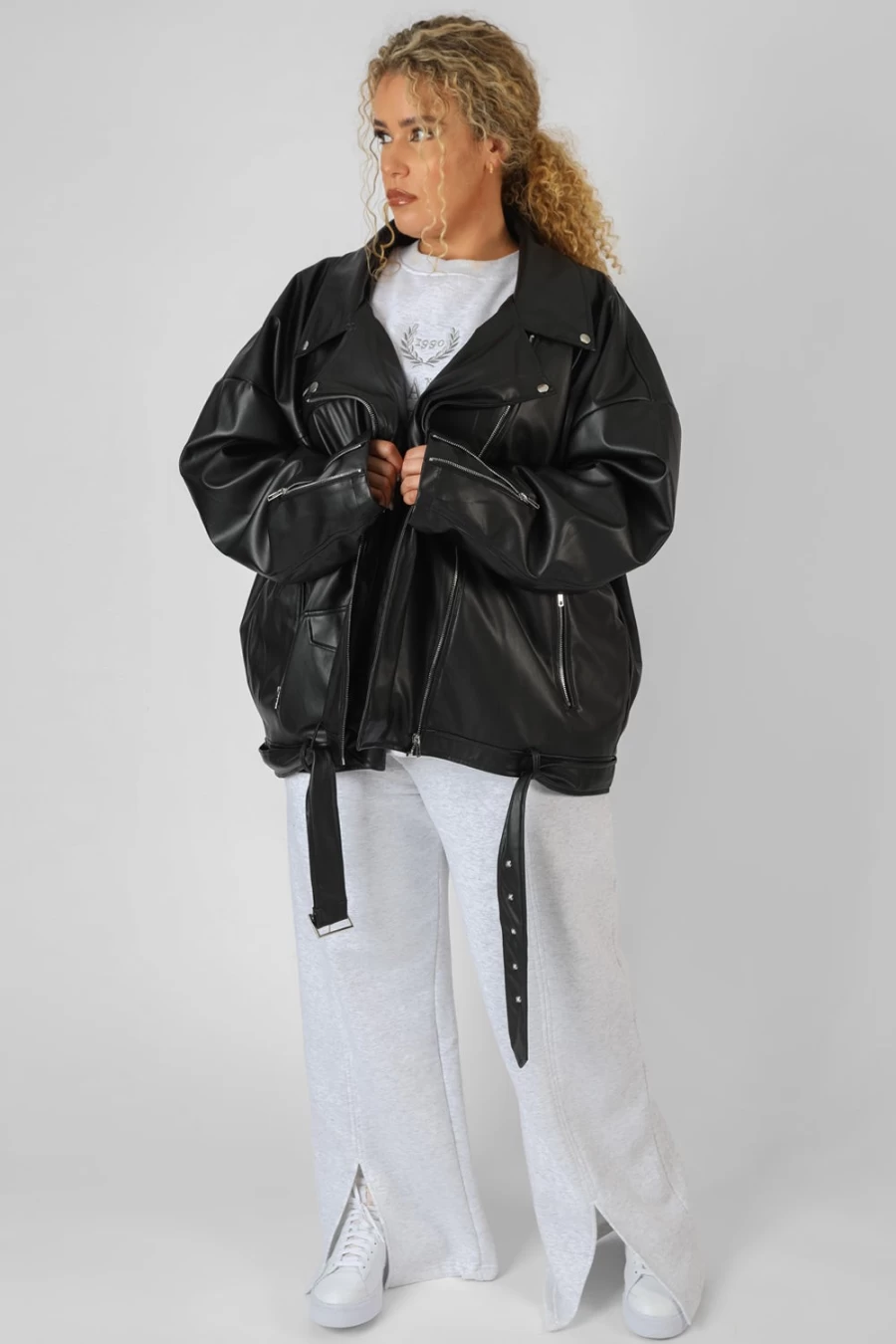"Public Desire Women's Black Curve PU Oversized Biker Jacket"