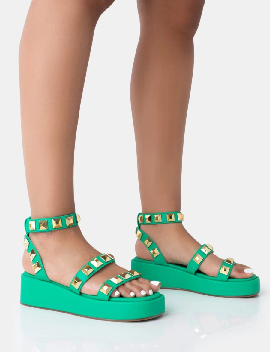 Public Desire Women's Green Studded Strappy Platform Sandals - Edgy Fashion Footwear