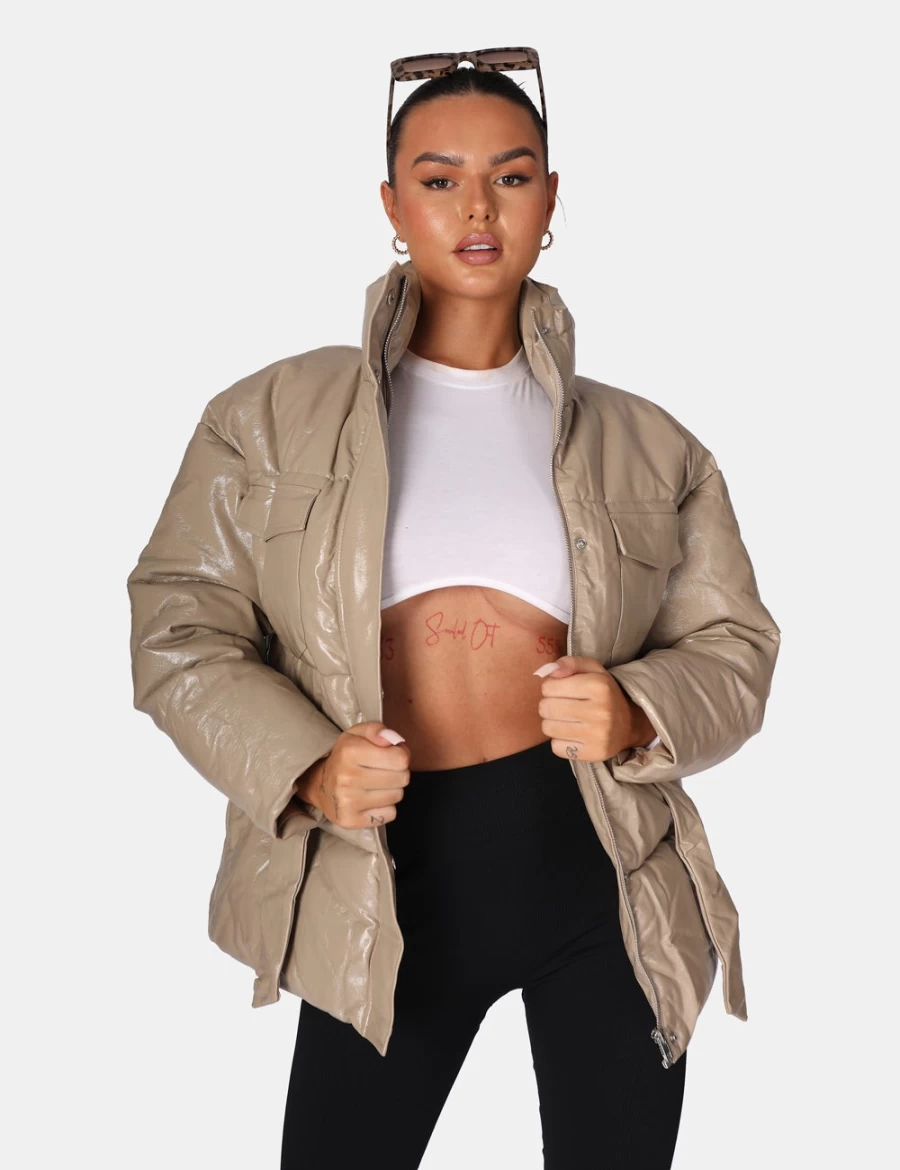 Women's Stone Vinyl Belted Puffer Jacket by Public Desire