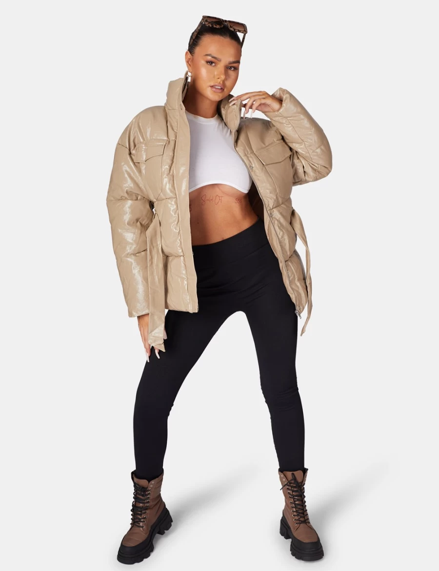 Women's Stone Vinyl Belted Puffer Jacket by Public Desire