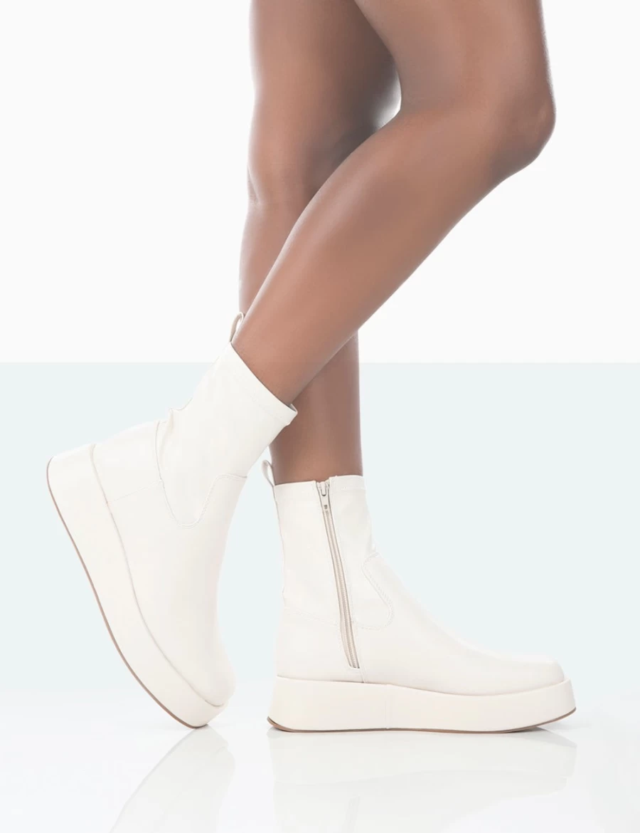 Public Desire Women's Ecru Chunky Sole Platform Ankle Boots Sock Shoes