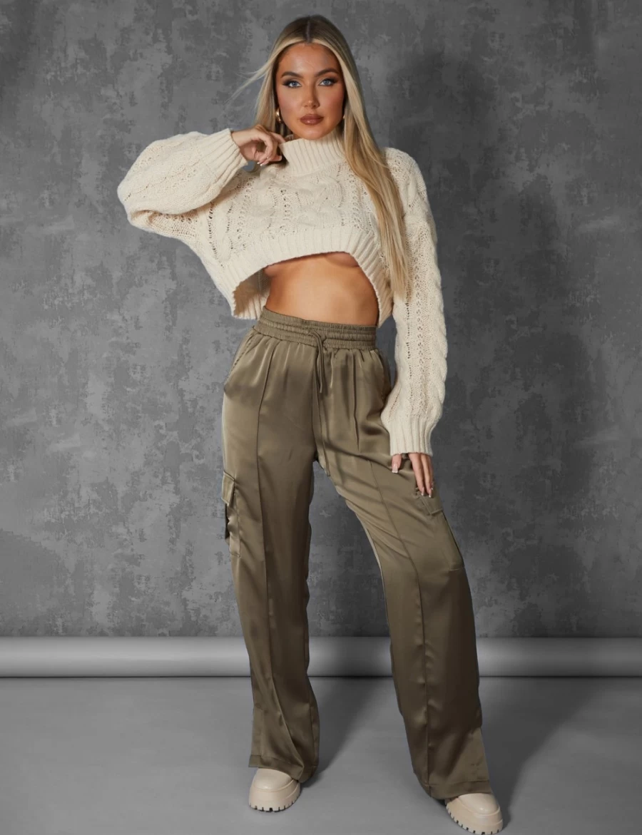 Public Desire Women's Khaki Split Hem Satin Cargo Trousers - Elastic Waist Wide Leg Pants