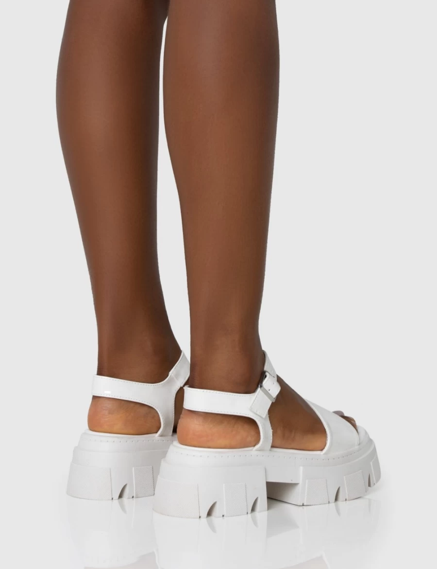 Public Desire Women's White Athens Round Toe Chunky Flat Sandals - Patent Leather Summer Shoes