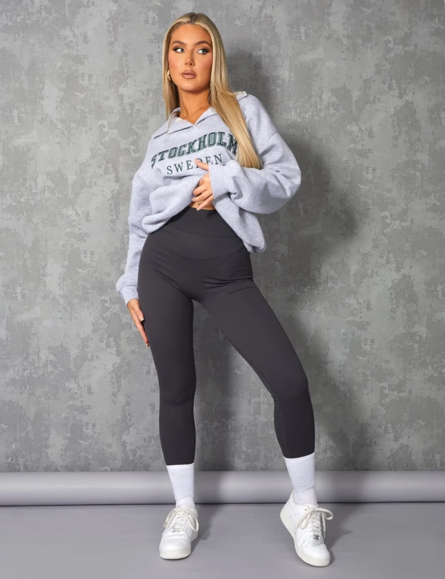 "Public Desire Women's Oversized Stockholm Slogan Rugby Sweatshirt in Grey Marl"