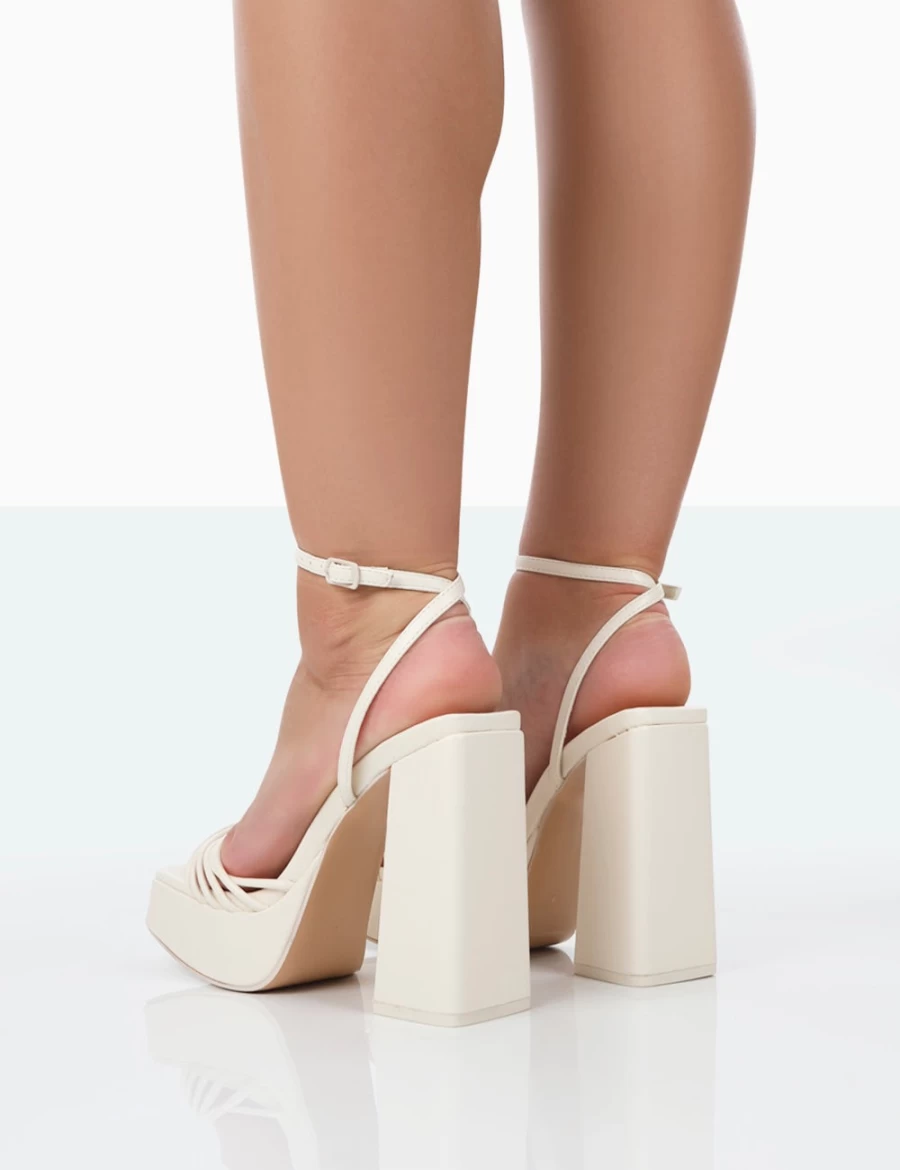 Public Desire Women's Ecru Boujee Pu Square Toe Strappy Block Heel Sandals