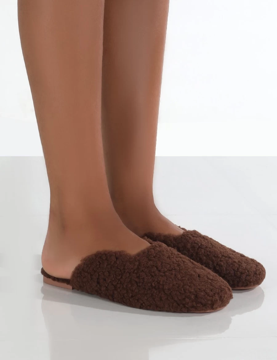 Public Desire Women's Brown Chocolate Teddy Bear Slip On Slippers - Cozy Plush Indoor Shoes