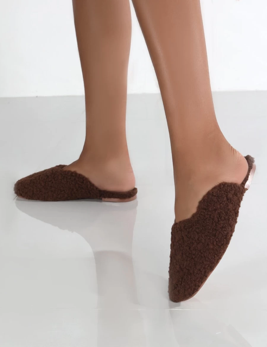 Public Desire Women's Brown Chocolate Teddy Bear Slip On Slippers - Cozy Plush Indoor Shoes