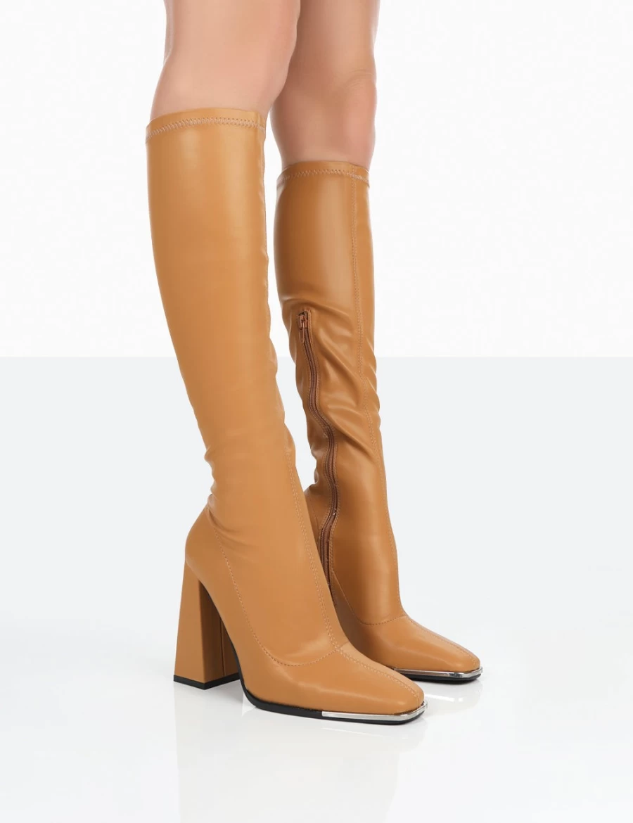 Public Desire Women's Camel Knee High Block Heel Grain Pu Patent Boots