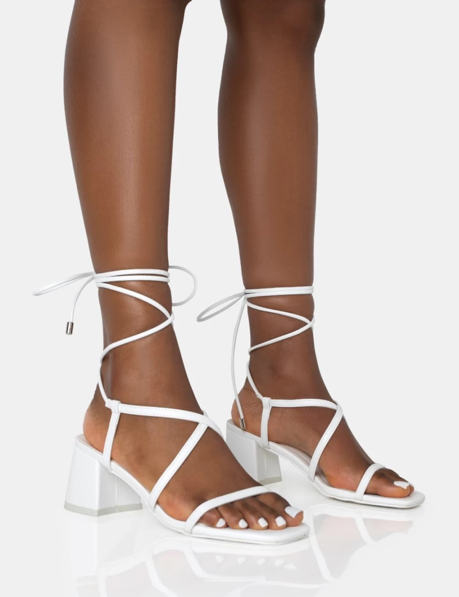 Public Desire Women's White Mabel Wide Fit Block Heel Ankle Tie Sandals