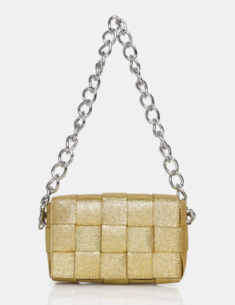 Public Desire Champagne Gold Chain Detail Mayan Glitter Weave Shoulder Bag for Women