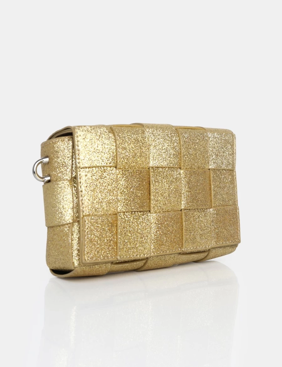 Public Desire Champagne Gold Chain Detail Mayan Glitter Weave Shoulder Bag for Women