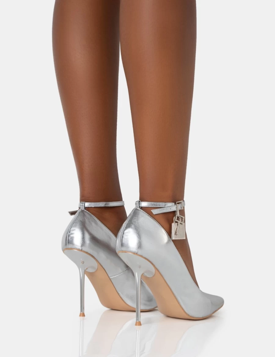 Public Desire Silver Metallic Padlock Ankle Strap Stiletto Heels for Women