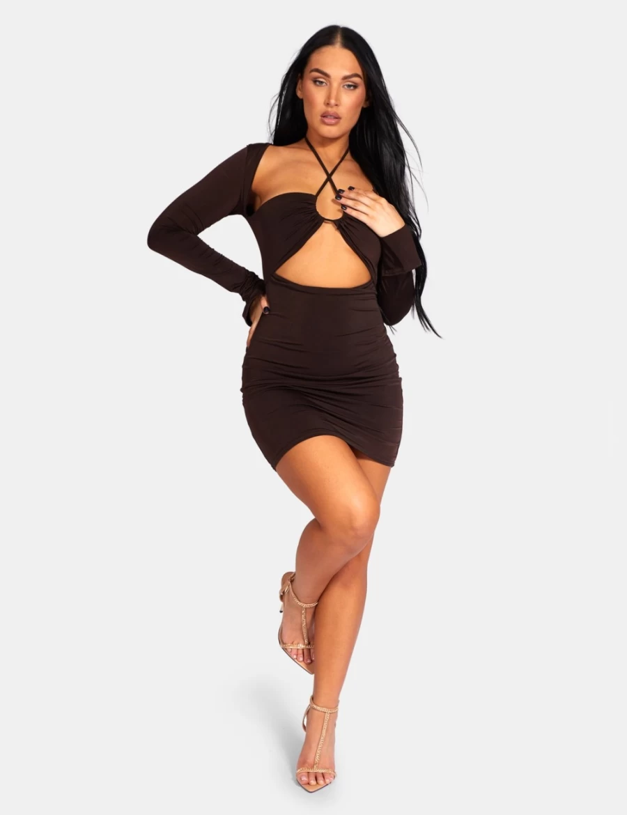 Public Desire Women's Chocolate Slinky Ruch Cut Out Long Sleeve Bodycon Dress