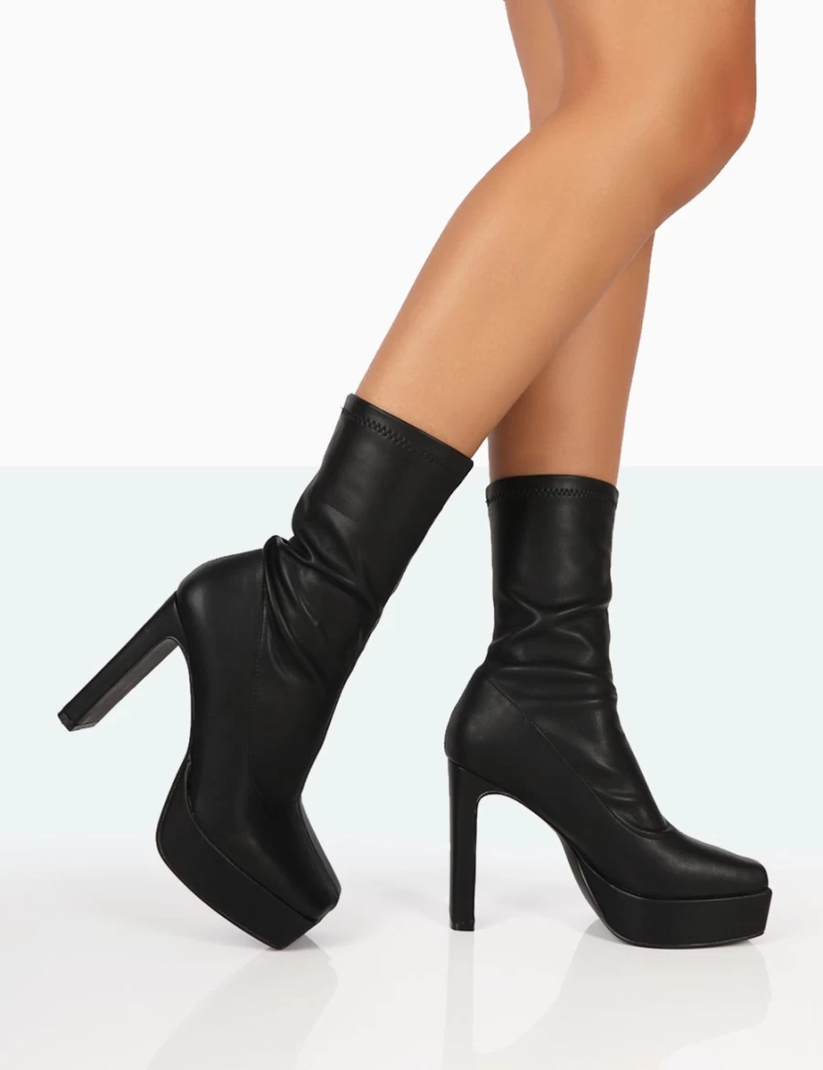 Public Desire Women's Black Domini Pu Platform Ankle Boots with Slim Heel