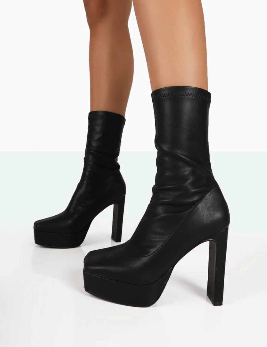 Public Desire Women's Black Domini Pu Platform Ankle Boots with Slim Heel