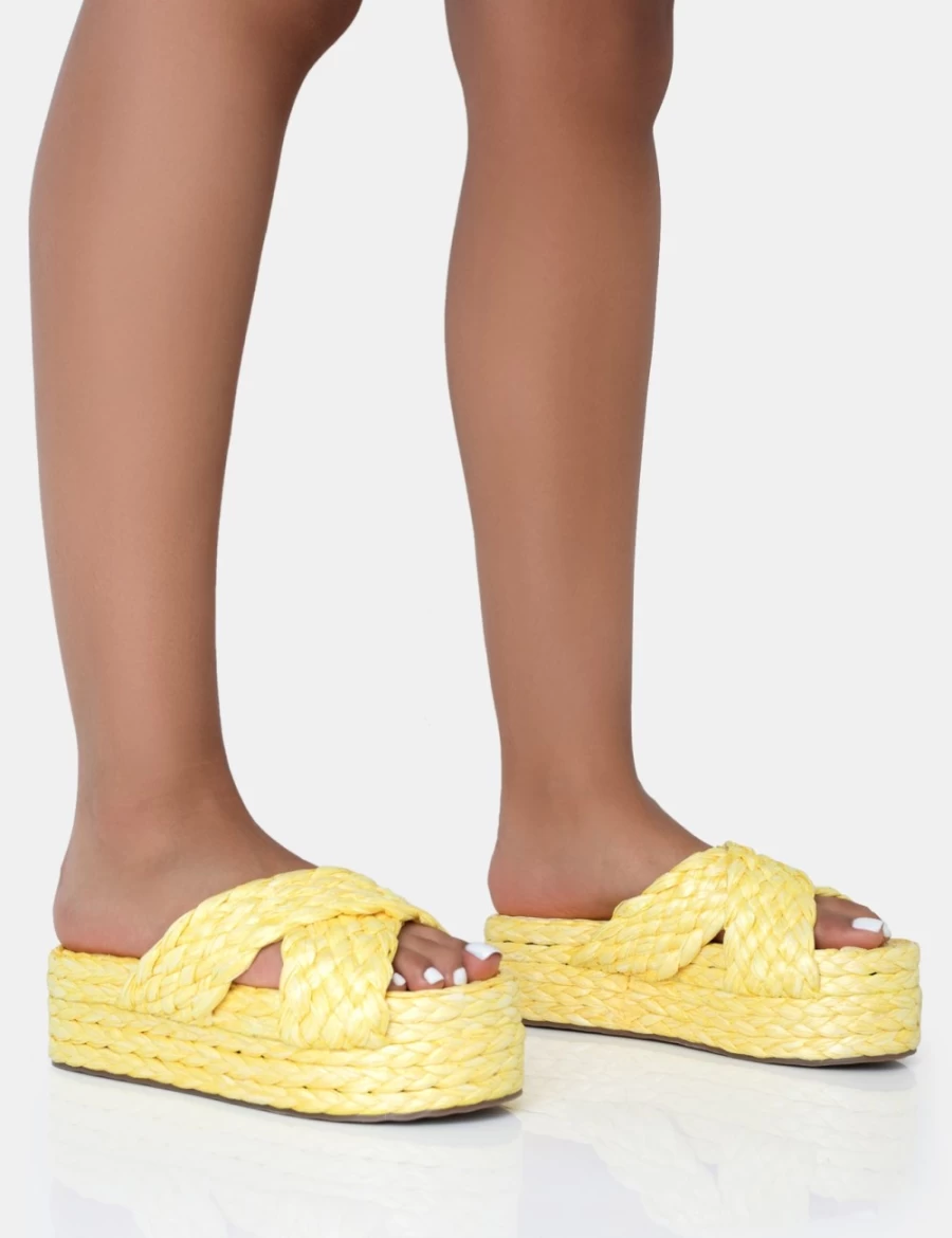 Public Desire Women's Yellow Kos Raffia Cross Over Strap Platform Sandals Slip-On Flats