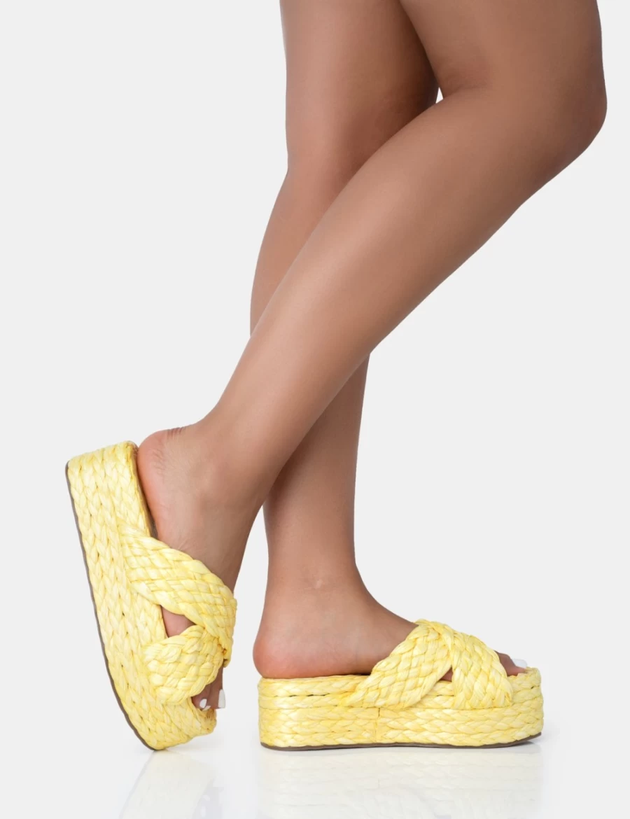 Public Desire Women's Yellow Kos Raffia Cross Over Strap Platform Sandals Slip-On Flats