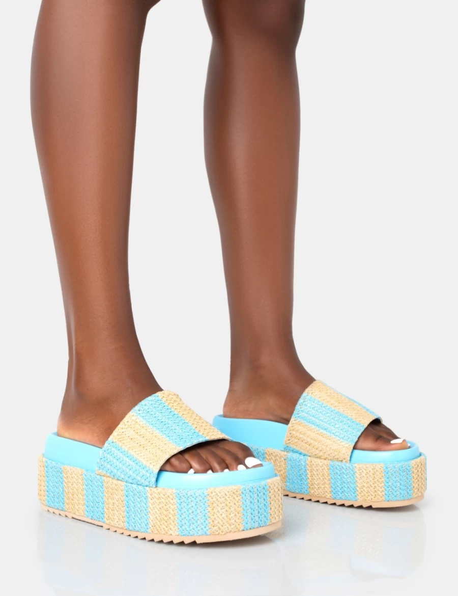 Public Desire Women's Blue Seashore Stripe Raffia Flatform Slide Sandals