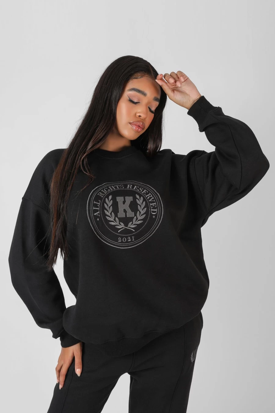 Public Desire Women's Black Oversized Embroidered Sweatshirt - Kaiia Tonal Design