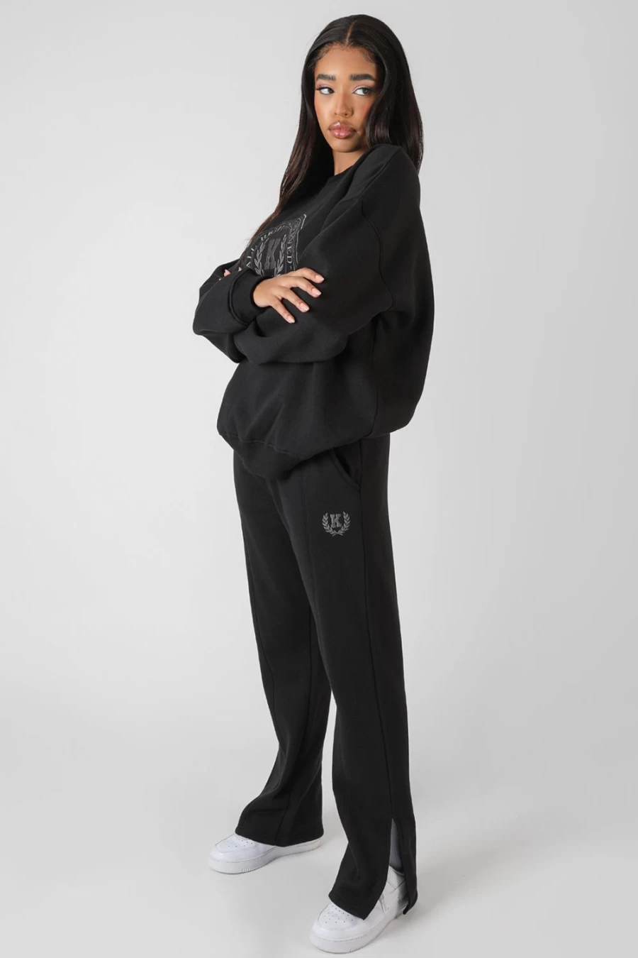 Public Desire Women's Black Oversized Embroidered Sweatshirt - Kaiia Tonal Design