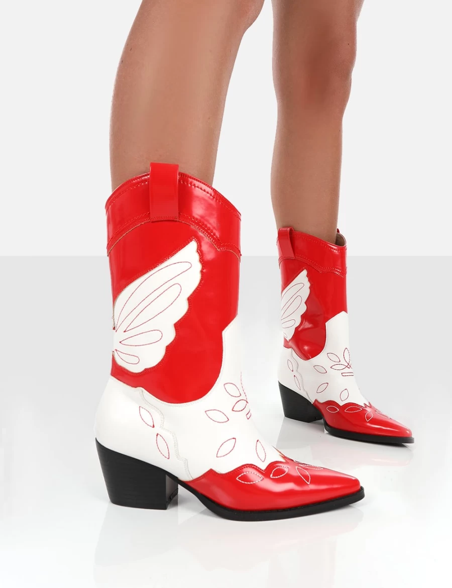 Public Desire Women's Red Patent Pointed Toe Western Cowboy Ankle Boots - Howdy Block Heel