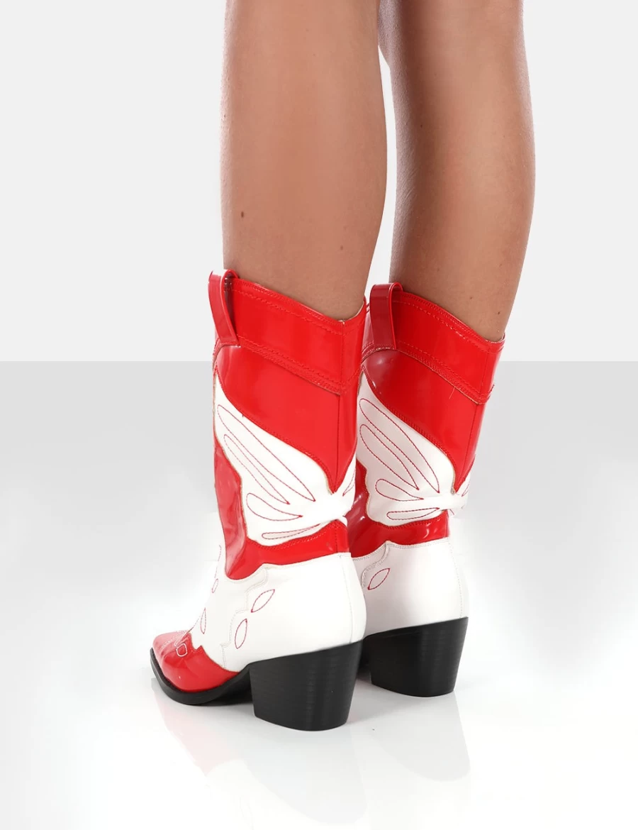 Public Desire Women's Red Patent Pointed Toe Western Cowboy Ankle Boots - Howdy Block Heel