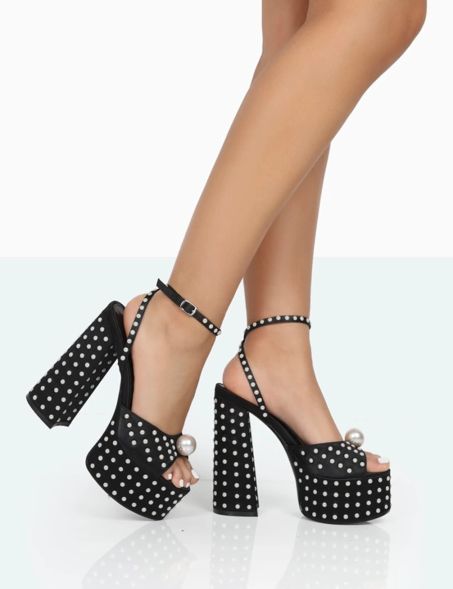 Public Desire Mia Black Satin Pearl Open Toe Platform Heels for Women - Chunky Block Heel Party Shoes