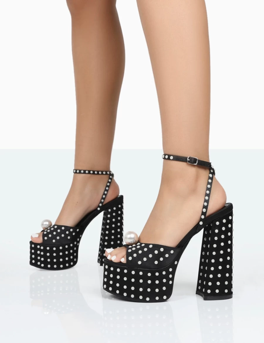 Public Desire Mia Black Satin Pearl Open Toe Platform Heels for Women - Chunky Block Heel Party Shoes