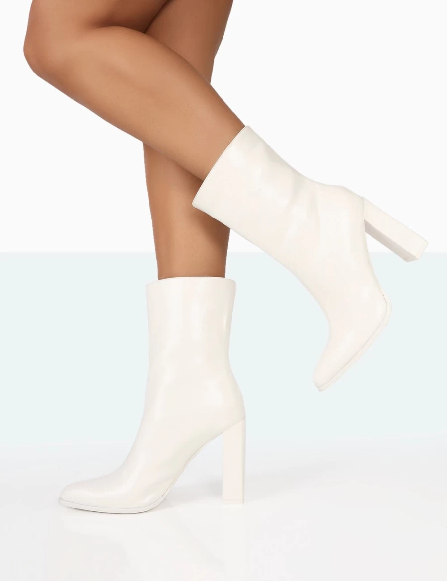 Public Desire Women's White Bridget PU Pointed Toe Block Heel Ankle Boots