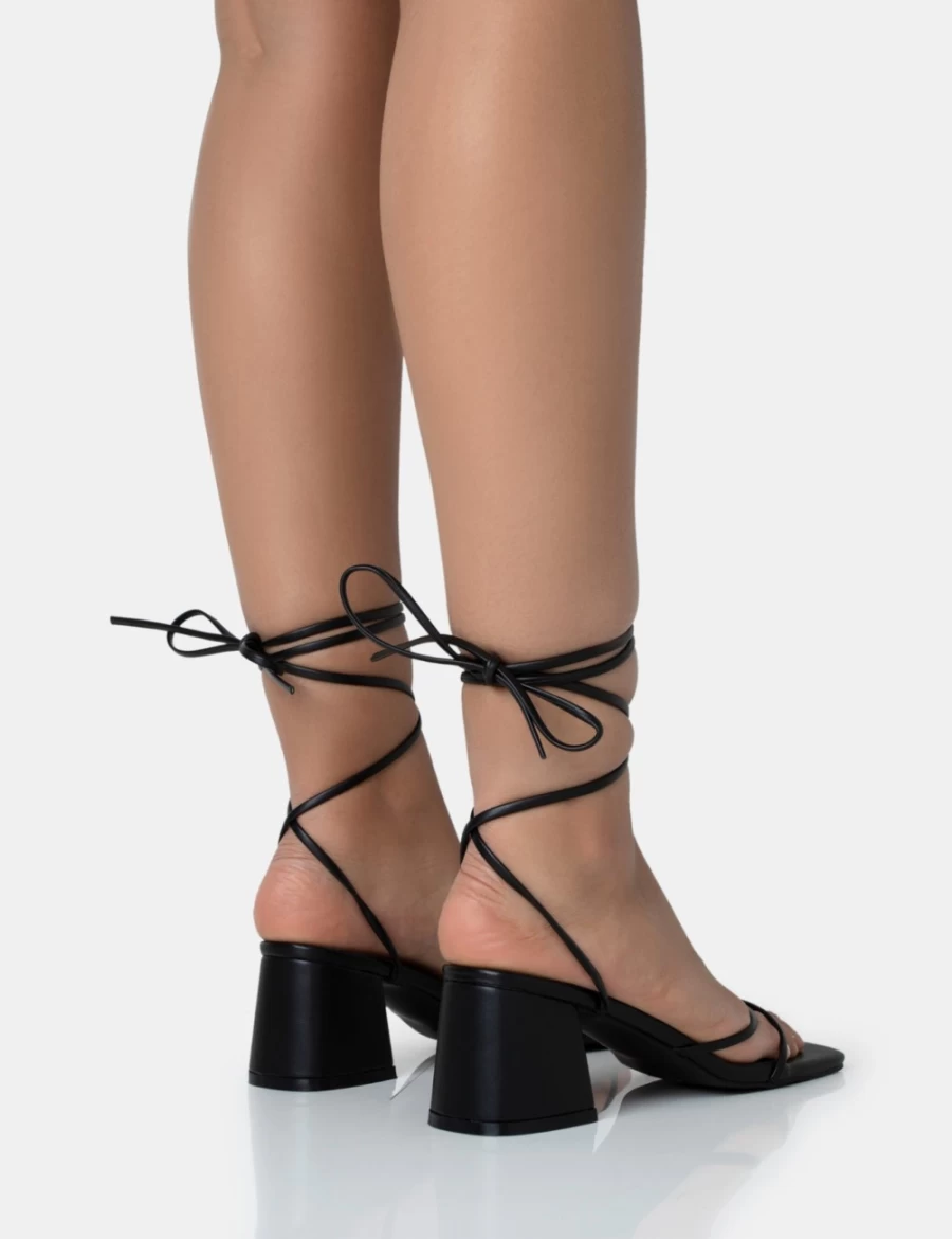 Public Desire Women's Black Casey Strappy Lace-Up Sandals with Square Toe & Low Block Heel