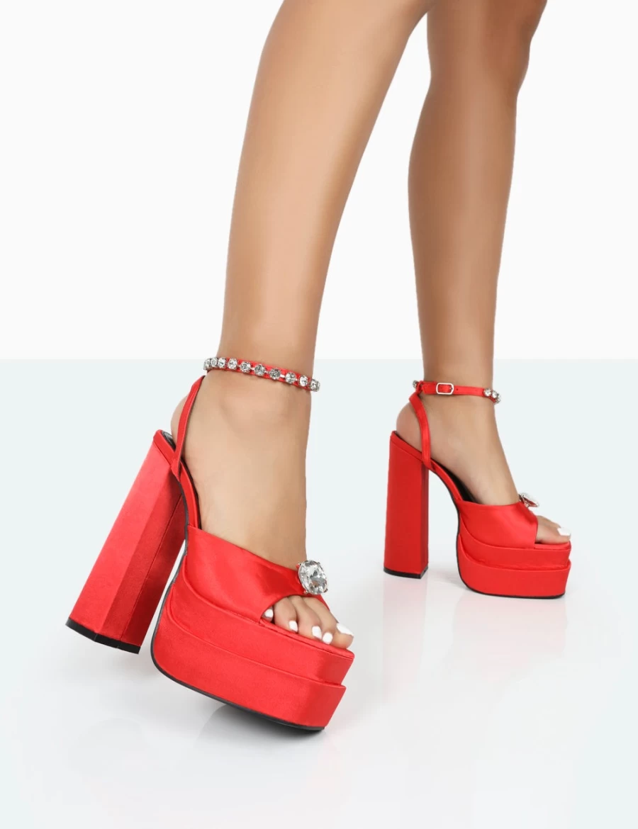 Public Desire Women's Red Satin Sparkly Diamante Strap Open Toe Block Heels Platform Shoes