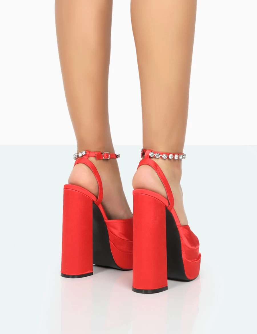 Public Desire Women's Red Satin Sparkly Diamante Strap Open Toe Block Heels Platform Shoes