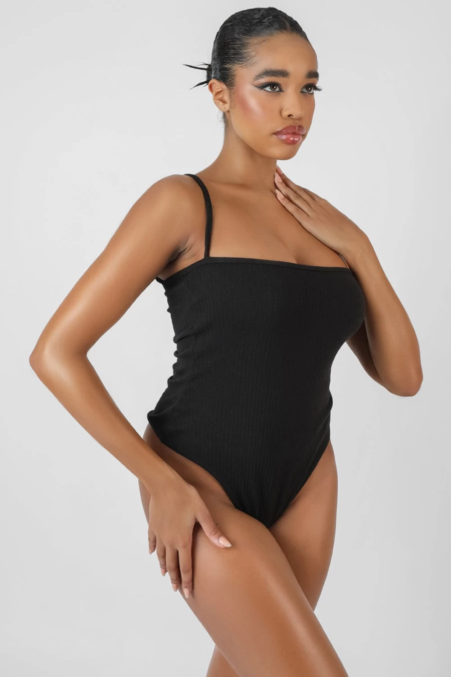"Public Desire Women's Black Square Neck Ribbed Bodysuit - Stretch Fitted T-Shirt Top"
