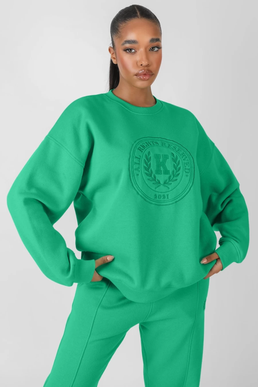 Public Desire Women's Green Oversized Embroidered Sweatshirt - Tonal Design