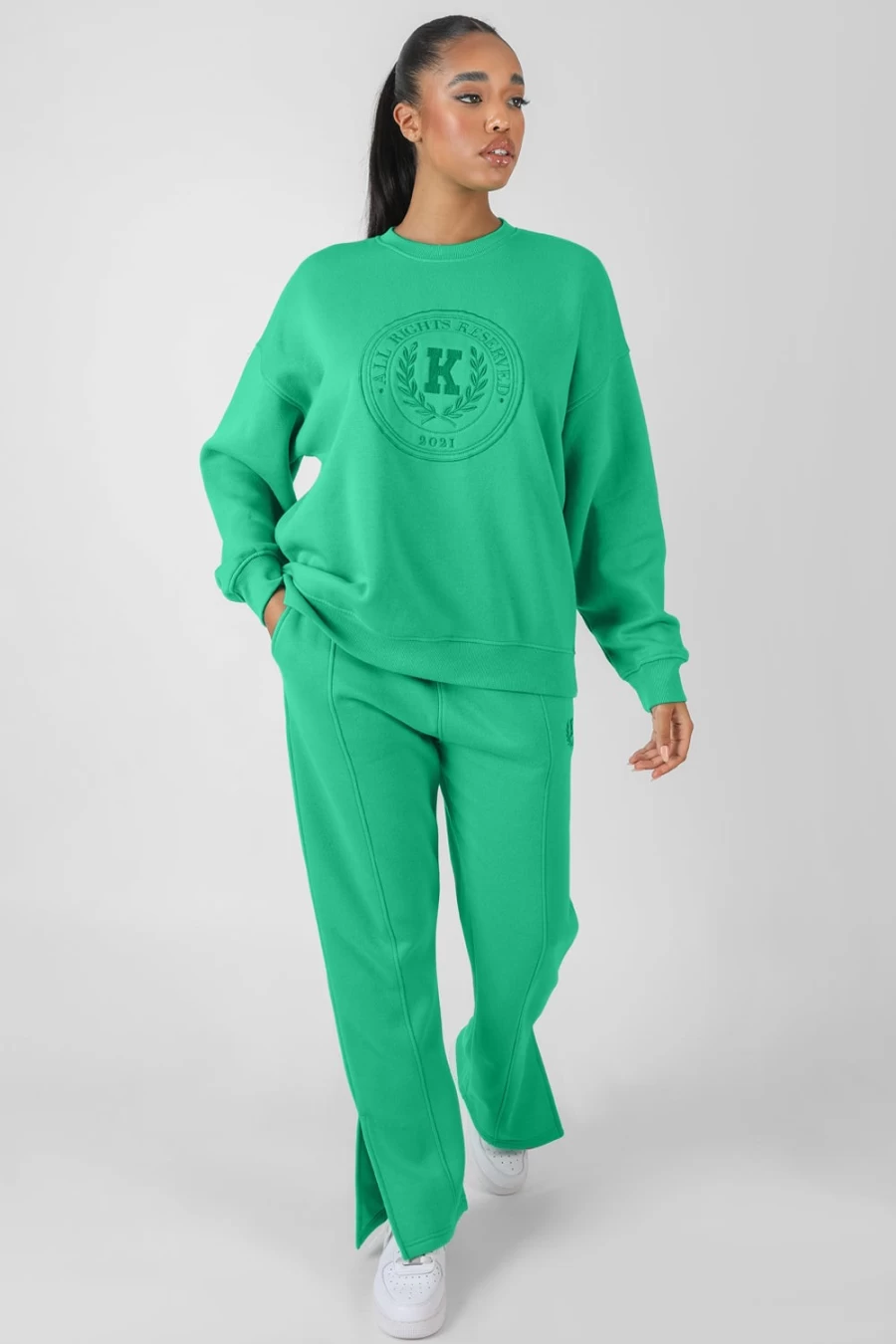 Public Desire Women's Green Oversized Embroidered Sweatshirt - Tonal Design