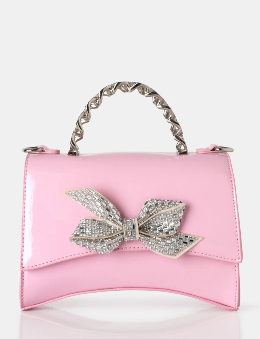 Public Desire Pink Bow Baby Patent Leather Chain Handle Diamante Grab Bag for Women