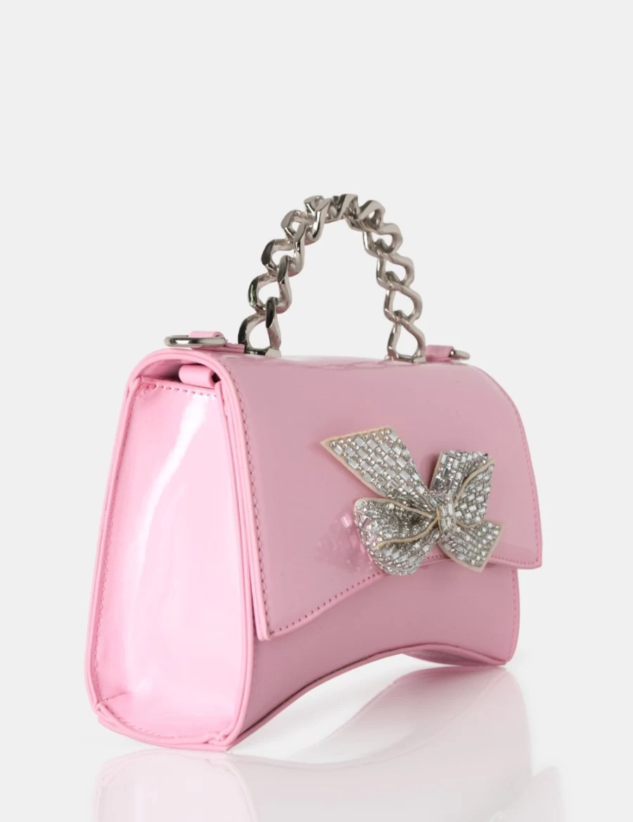 Public Desire Pink Bow Baby Patent Leather Chain Handle Diamante Grab Bag for Women