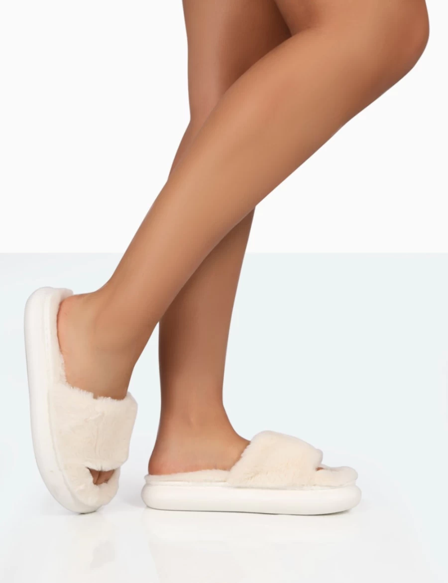 Public Desire Women's Bashful Ecru Faux Fur Sliders with Chunky Sole