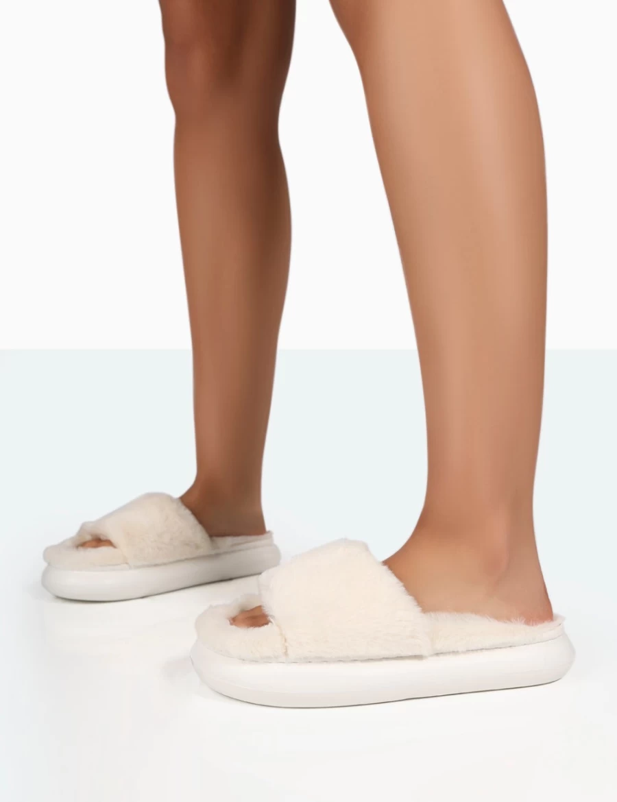 Public Desire Women's Bashful Ecru Faux Fur Sliders with Chunky Sole