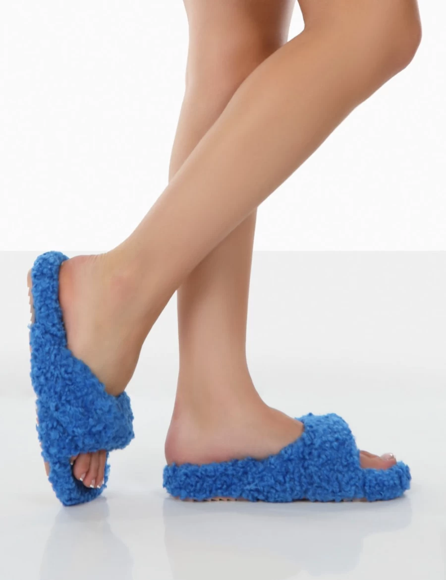 Public Desire Women's Blue Slumber Teddy Cross Strap Slippers - Cozy Plush Slide-Ons