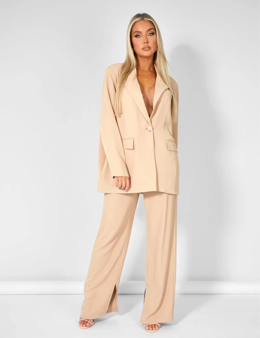 Women's Sand Oversized Dad Blazer by Public Desire - Trendy Loose Fit Longline Jacket